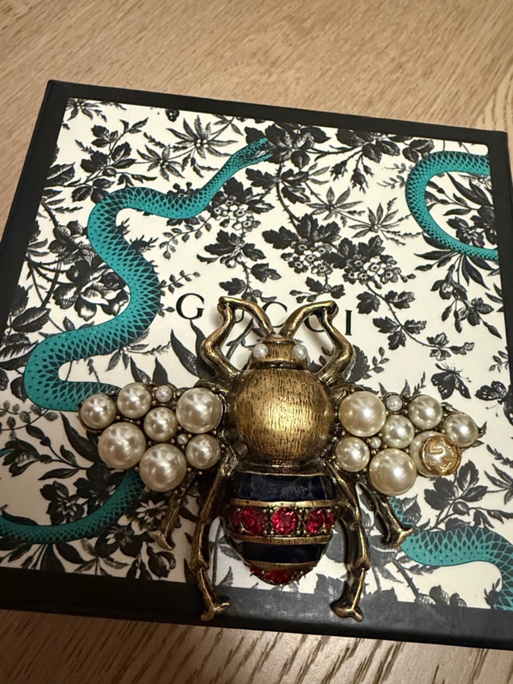 Gucci Gold Bee Brooch with Pearls and Red Blue Accents